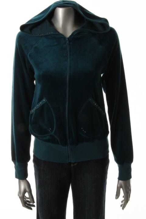 Karen Kane New Pouch Pocket Blue Long Sleeve Velour Zip Front Hoodie L