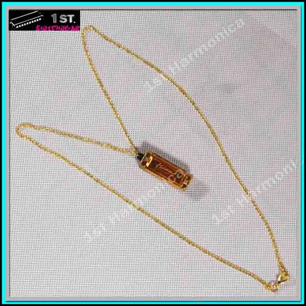 New Luxury Golden Mini Harmonica Pendant C 4 Hole 8 Tone with Necklace