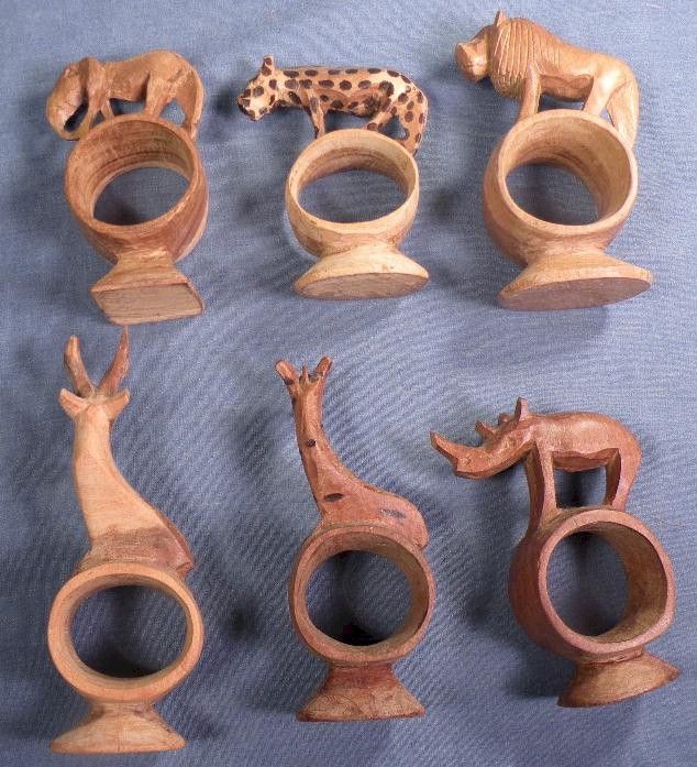 Handcarved Wooden African Animal Figure Napkin Rings from Kenya