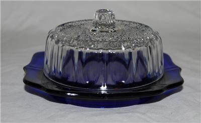 Vtg Cobalt Blue Crystal Kraft Cheese Round Lid Pressed Small Butter