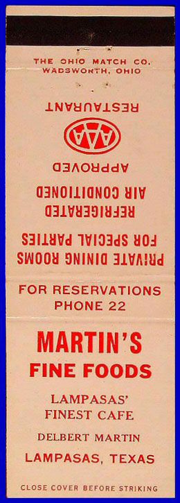 1950s Martins Fine Foods AAA Matchcover Lampasas TX