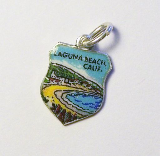 Laguna Beach California Vintage Silver Enamel Shield Travel Charm