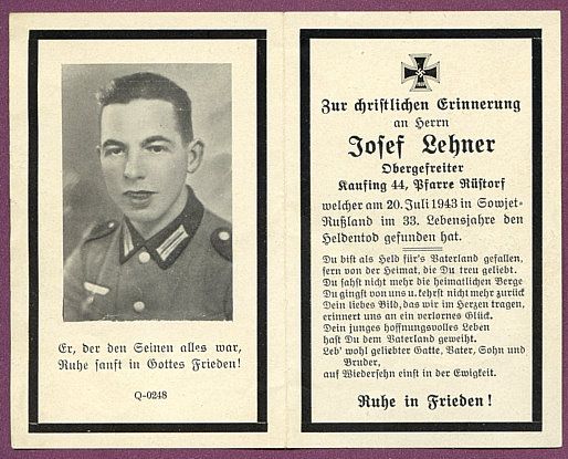1943 German Death Card Obergefreiter Josef Lehner