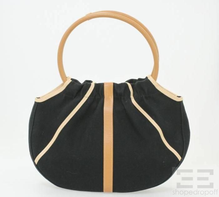 Longchamp Black Canvas Tan Leather Handbag