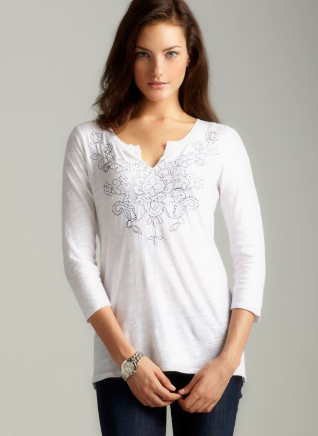 Lucky Brand Women Ella Embroidered Floral Slub Knit Tee Top Shirt