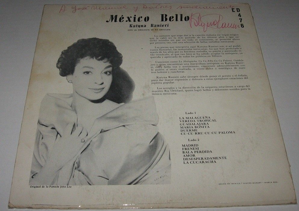 Katyna Ranieri Mexico Bello Autographed Mexican LP Female Vocal Italo