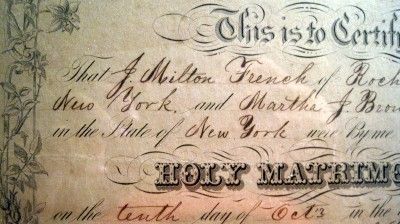 Marriage Certificate J Milton French & Martha J Brown Rochester NY