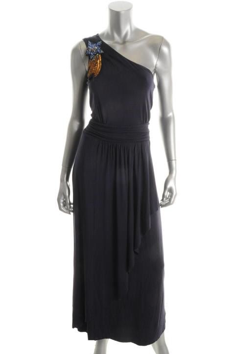 Matthew Williamson New Navy One Shoulder Applique Draped Semi Formal