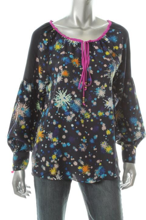 Matthew Williamson New Navy Printed Long Sleeve Drawstring Neck Blouse