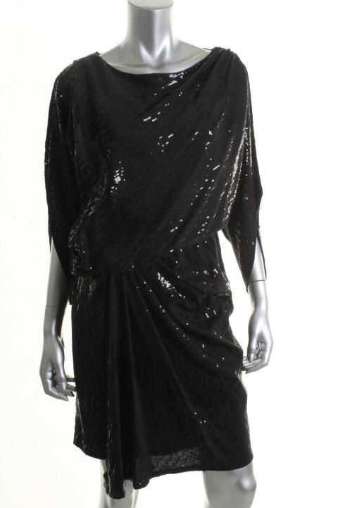 Davis Meister Black Sequined Ruched Cold Shoulder Blouson Cocktail