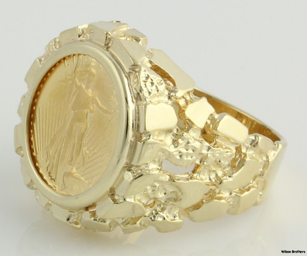 Eagle Coin Mens Nugget Ring 14k Yellow Gold Band 22K Gold Coin