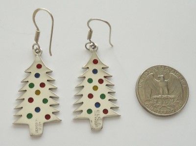 TAXCO, Mexico STERLING SILVER Christmas Tree Dangle Earrings w/ Enamel