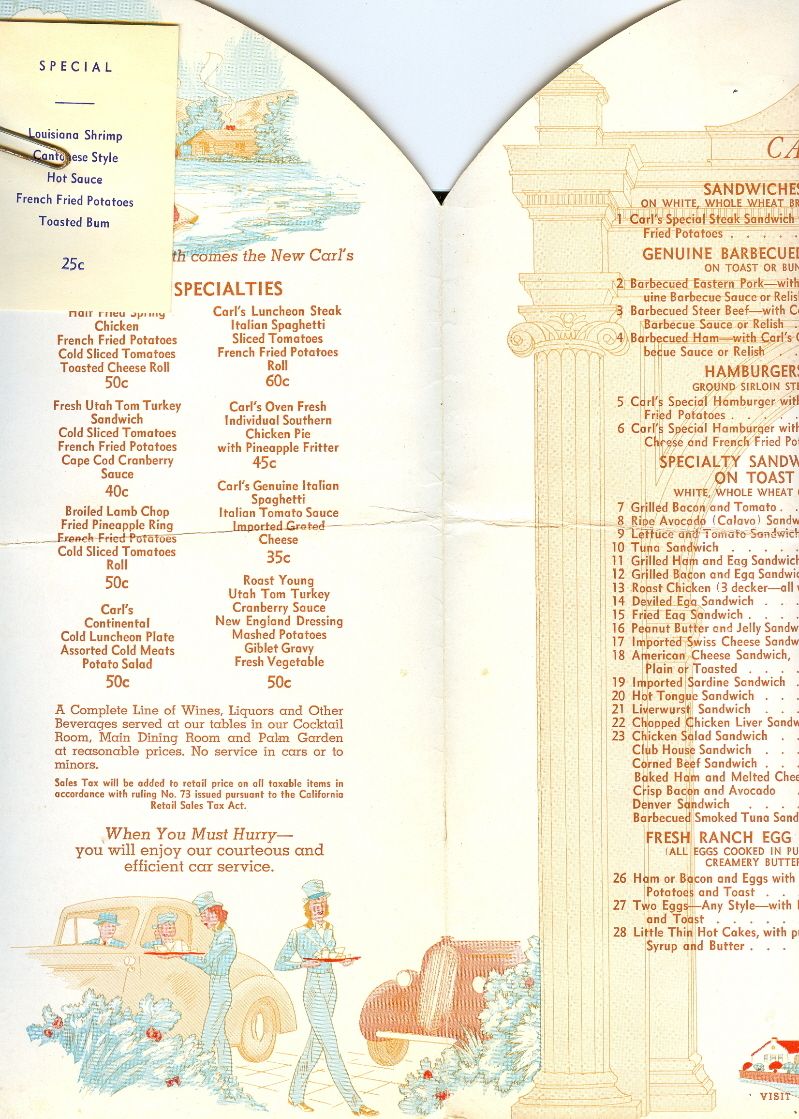 antique menu from CARLs Restaurant at Crenshaw & Vernon, Los Angeles