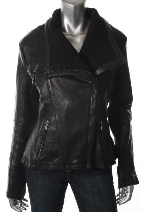 Michael Kors New Black Leather Zip Front Fitted Motorcycle Jacket L