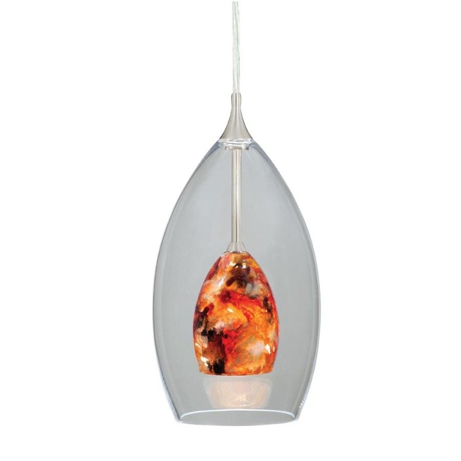 New 1 Light Mini Pendant Lighting Fixture Satin Nickel Clear and Amber