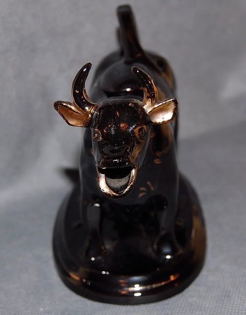 Antique English Jackfield Black Glazed Cow Creamer Gilt