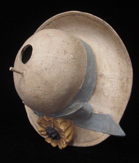 Designer Tan Blue Yellow Ceramic Summer Hat Bird House