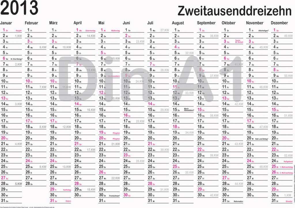 Wandplaner 2013, Jahresplaner, Kalender 2013, DIN A1