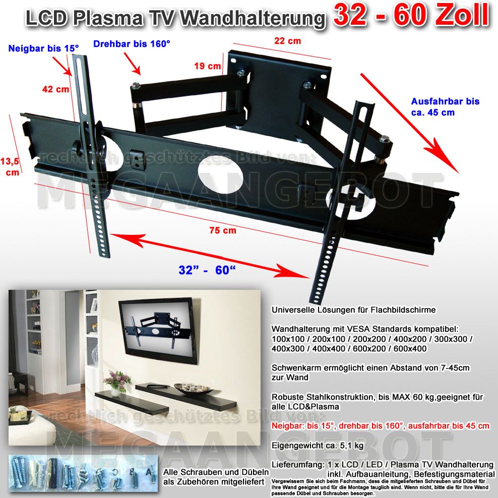 LCD Plasma TV Wandhalter Wandhalterung Halterung neigbar kippbar bis