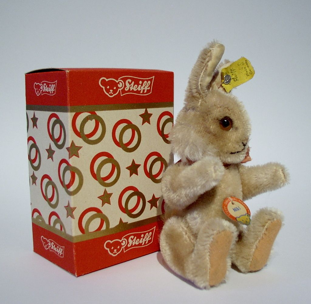 Steiff Hase Niki 14cm Knopf Fahne Schild Schachtel Karton KFS Rabbitt