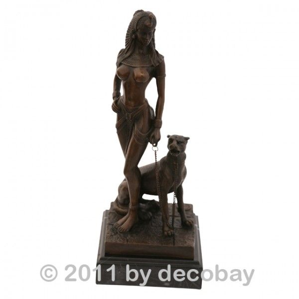 Ägyptische Frau Raubkatze Bronze Skulptur barbusige Schönheit mit