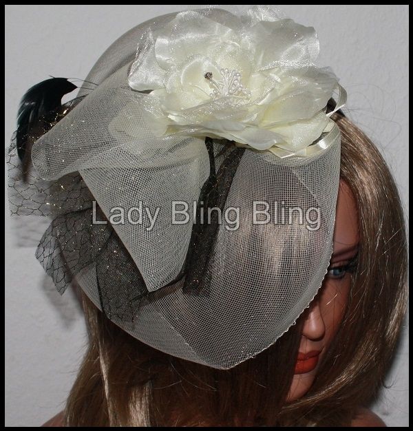 Fascinator Haarreif Blume Schleier Strass Creme Weiß