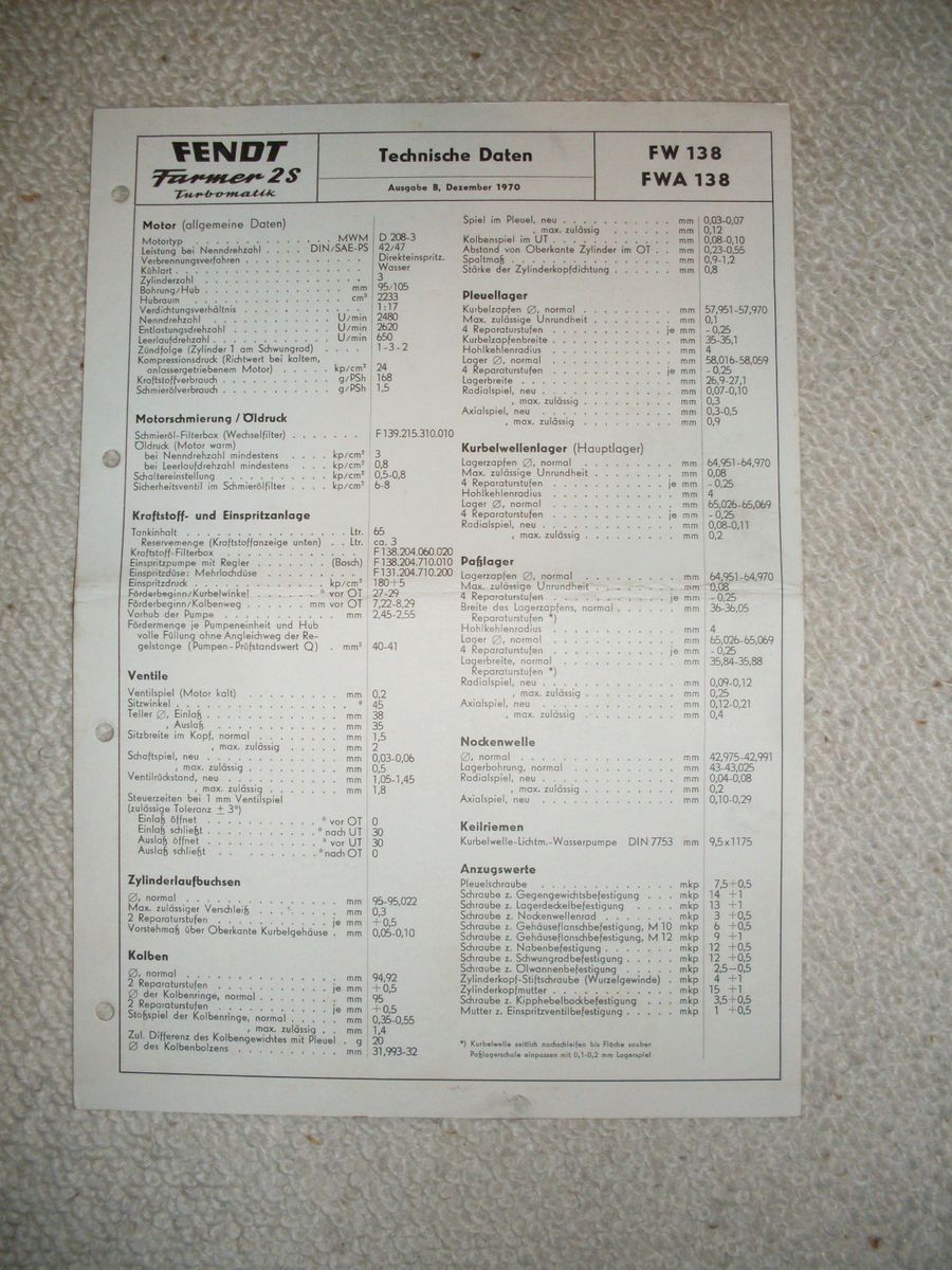  Technisches Datenblatt Farmer Farmer 2 S Turbomatik FW 138 FWA 138