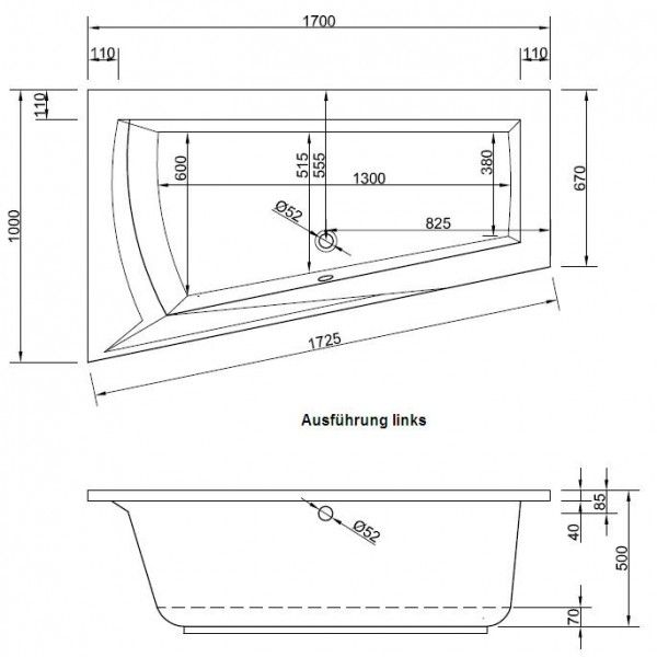 Badewanne Raumsparwanne 170 x 100 x 50 cm, Eckbadewanne LAR rechts