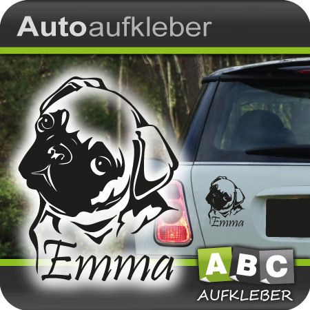 A174 MOPS + Name Aufkleber Autoaufkleber Hund Auto