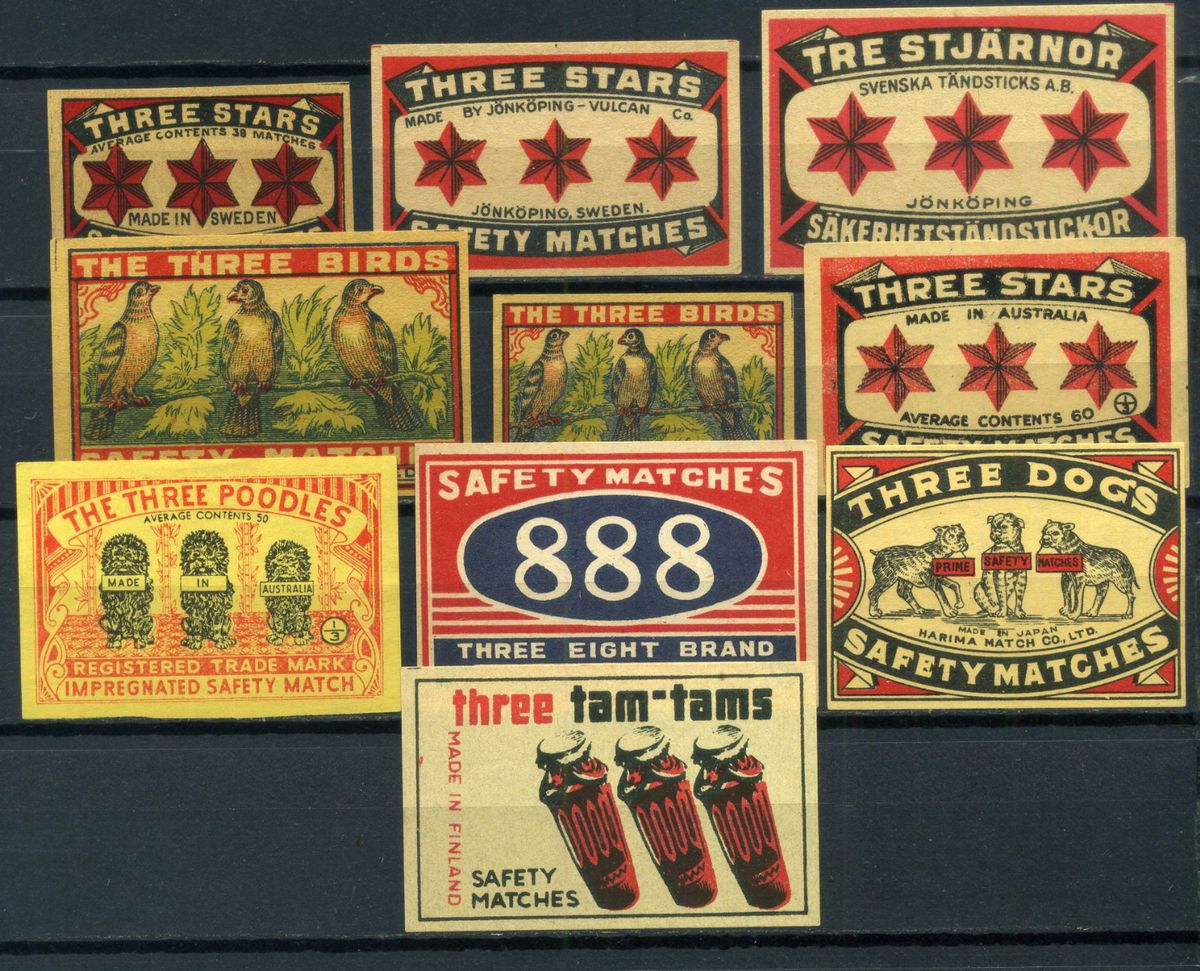 10 Old Matchbox Labels Theme   THREES   Lot 176