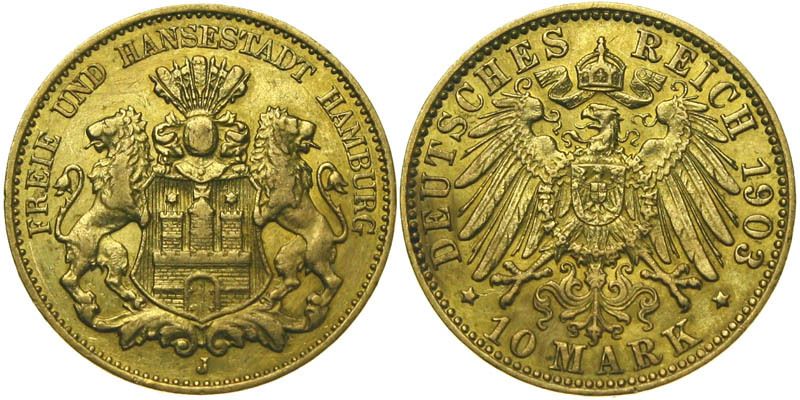 B177 J.211 Hamburg 10 Mark 1903 Gold