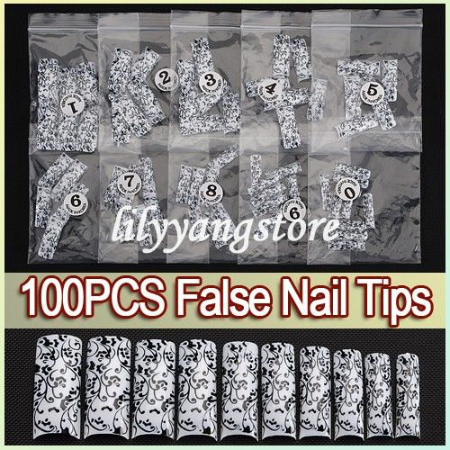 100pcs Black Flower Rattan Acrylic UV Gel French False Nail Art Tips