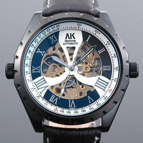 NEU AK Homme Römische Uhren Mechanische Automatik Uhr Herrenuhr Leder