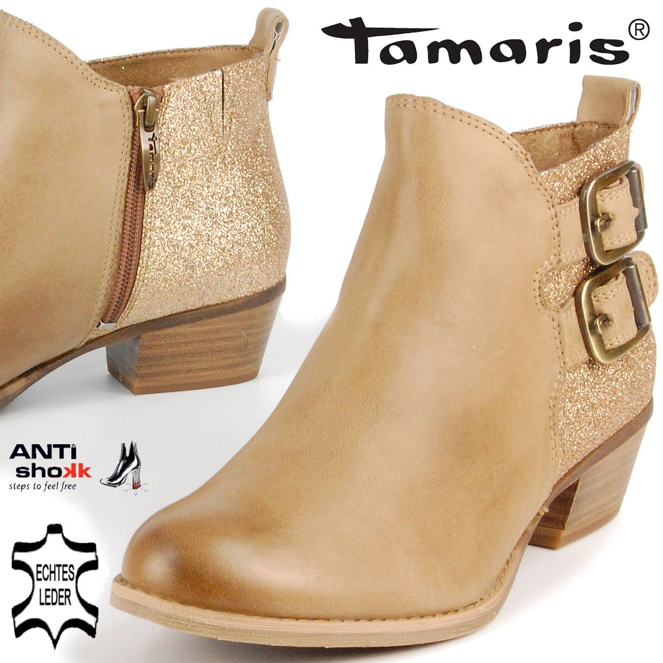 TAMARIS Damen Winter Stiefelette Leder ANTIshokk Absatz beige antik