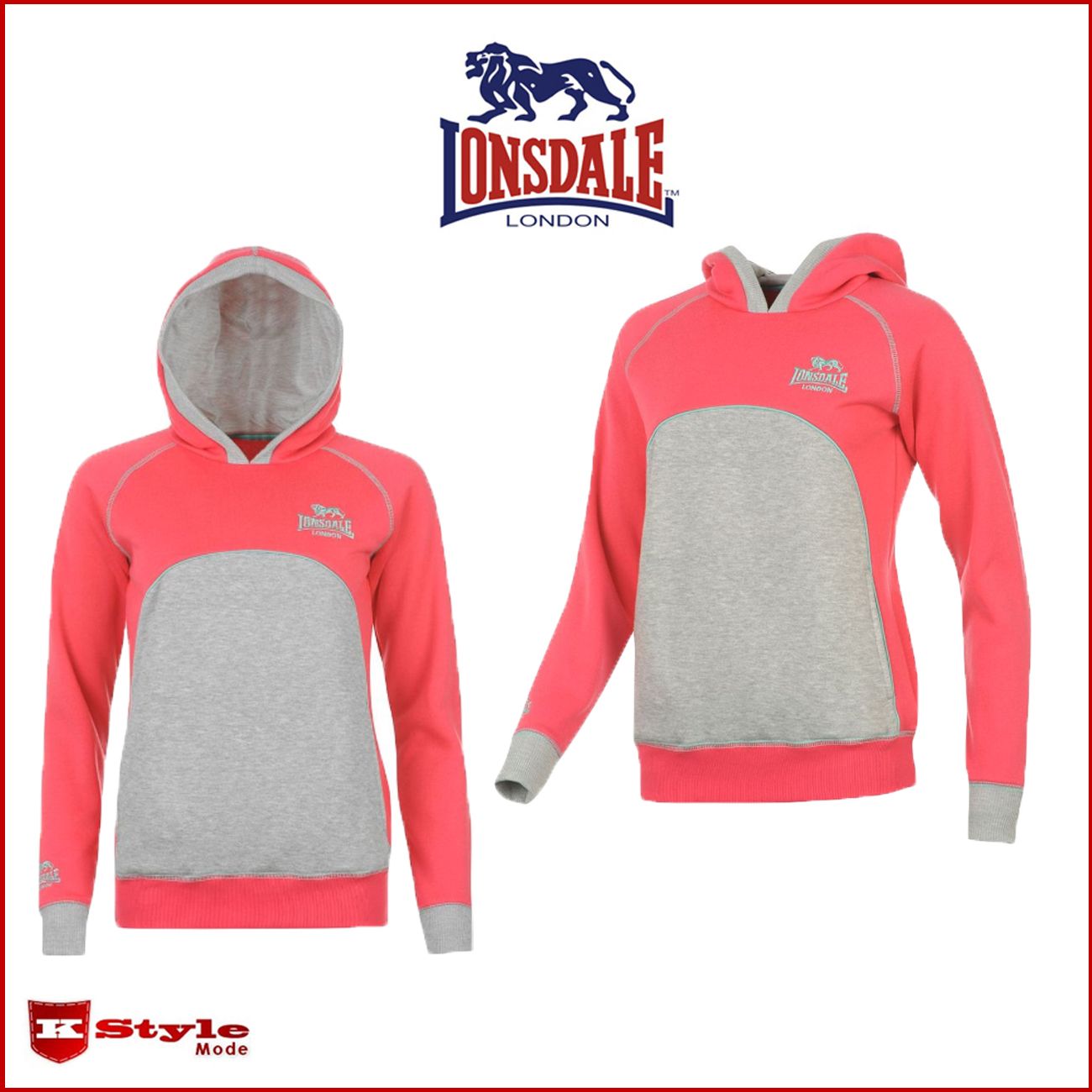 Lonsdale London Panel Damen Hoody Kapuzenpullover Gr. S rot pink grau