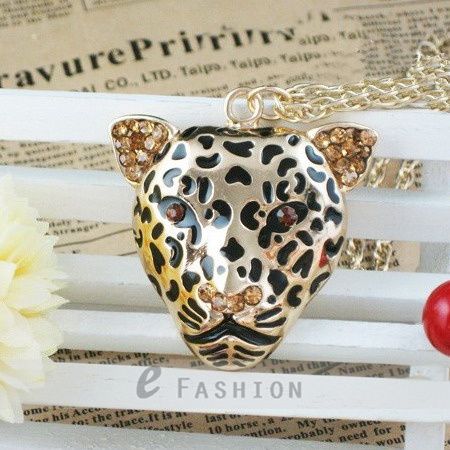 Halskette Leopard Anhaenger Strass Damen Lange Kette necklace NEU 101