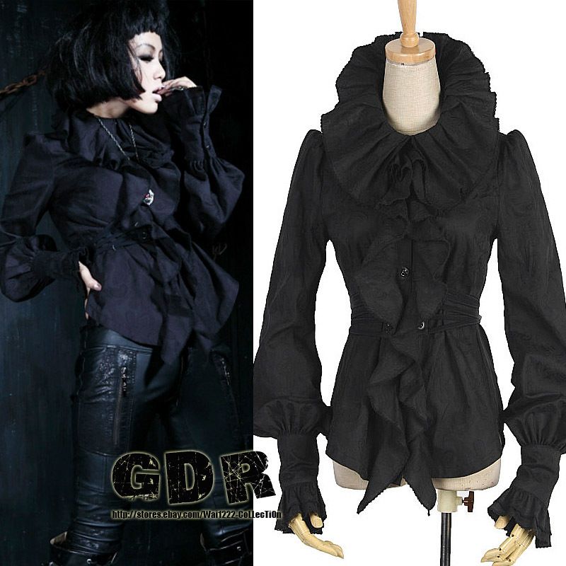 BLACK PUNK VISUAL KEI GOTHIC Y399 QUEEN RUFFLE SHIRT +BELT S XL