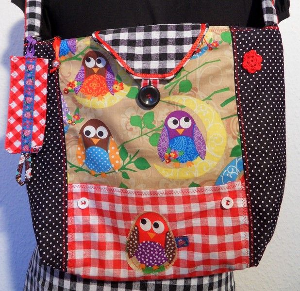 Tasche Schultertasche Handtasche Eule Owl Bird Applikation Mit