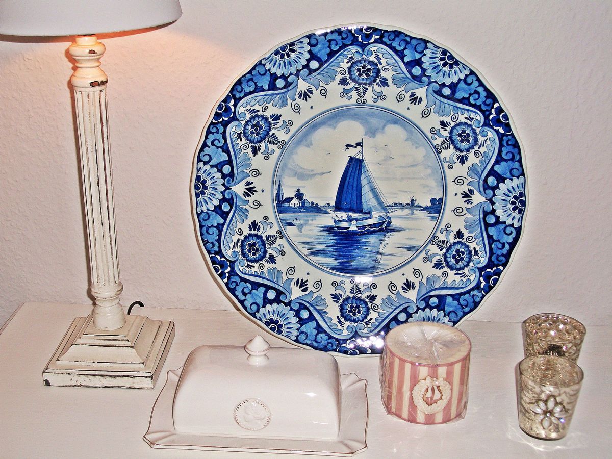 Delfter Wandteller Keramik   Teller Delft blau 434 Schiff Holland