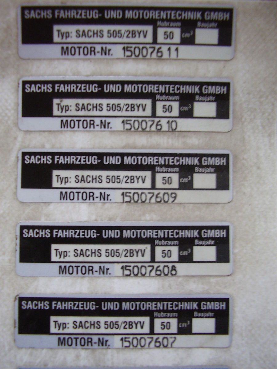 Aufkleber Sachs 505 2BYV Typschild Motornummer Hercules Prima 2 3 4 5