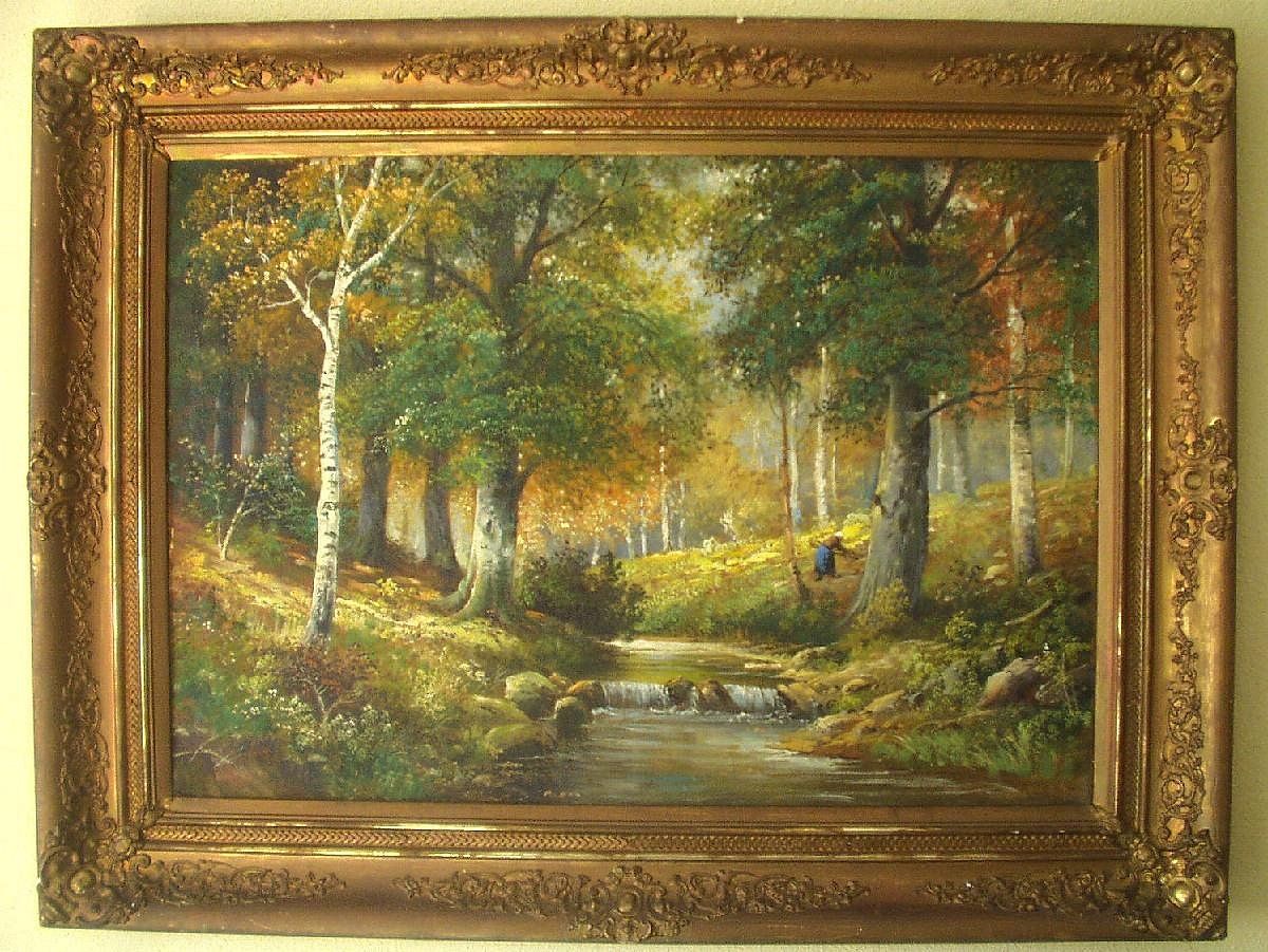 ALOIS ARNEGGER AUSTRIA 1879 1963 PAISAJE BOSQUE LEÑADORA ca 1900 O/L