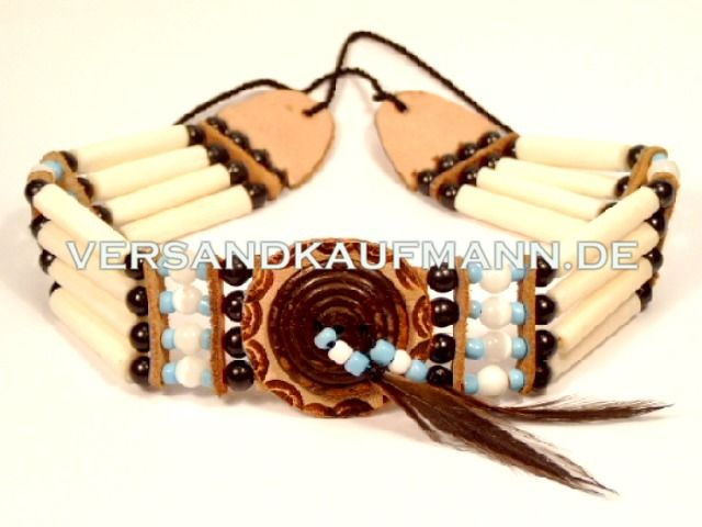 INDIANER CHOKER HALSBAND BONE PERLEN FEDER LEDER WEISS