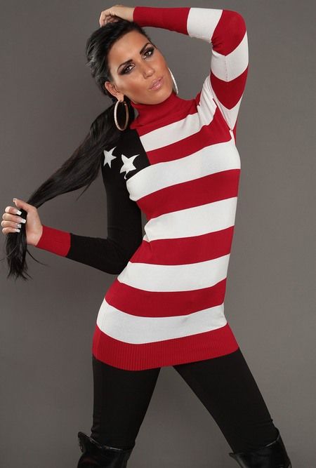 SEXY STRICK PULLOVER LONGPULLI MIT US FLAGGE ROT/WEISS GR 36/38 #P607