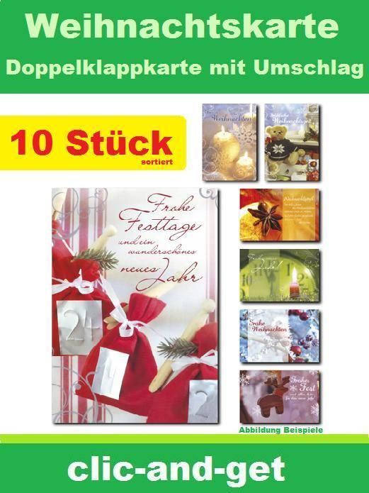 10 Stück Weihnachtskarten 10 verschiedene Motive mit Dekor Umschlag