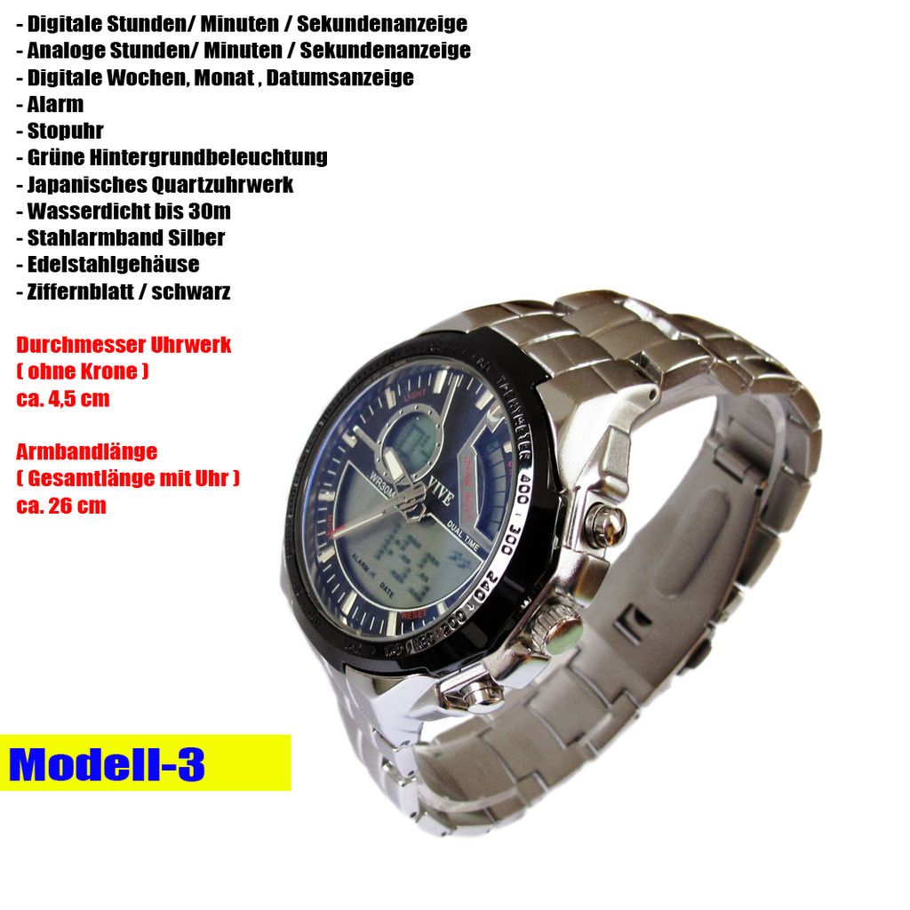 Fashion Digital Analog Uhr Herrenuhr Chronograph Silber Armbanduhr