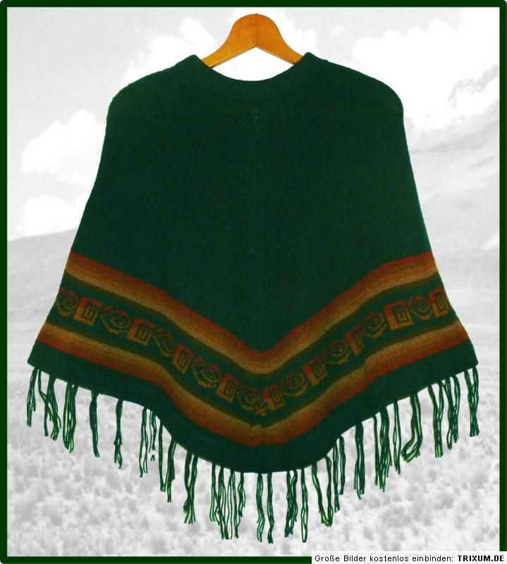 Alpaka PONCHO dunkelgrün petrol grün, Inka Ornament Muster, Alpaca
