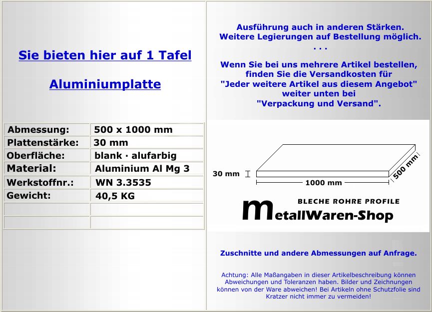 Aluminium Platte 500 x 1000 x 30 mm Aluminiumblech /742