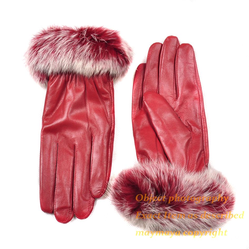 Womens Premium Leather Naturally Fur Wrist Cuff Detailing Gloves
