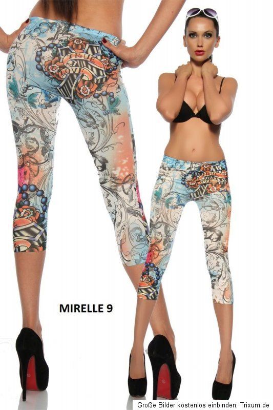 Damen Capri Tattoo Muster Leggings Sommer Trend 2012