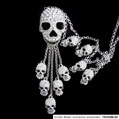 NEU 1 lange Kette 10 Totenköpfe/Skull silber Strass Kette Collier